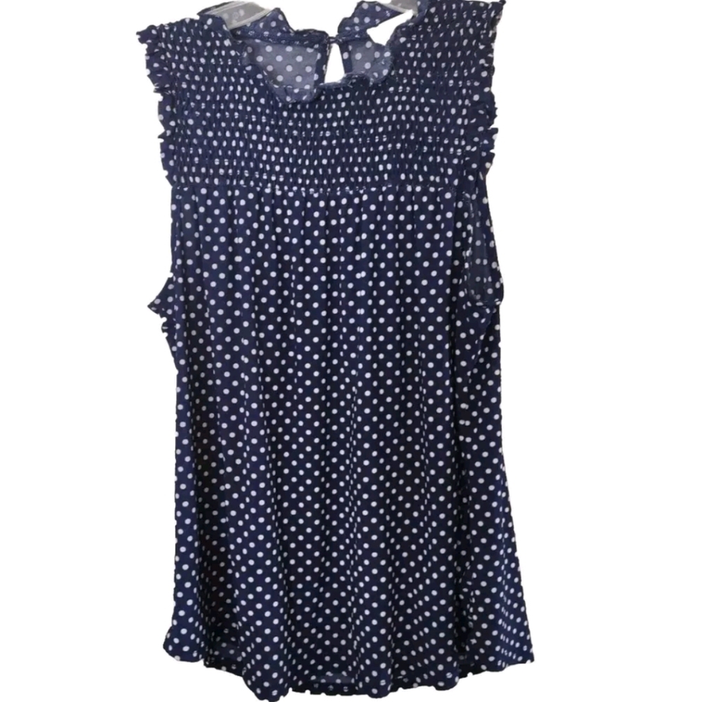 Ember Missy Blouse Sz S Blue White Polka Dot sleeveless Gathered Smocking Neck
